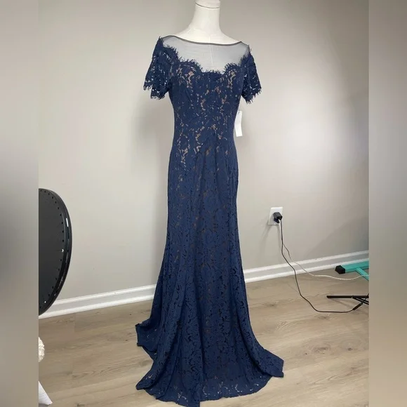 NWT Rene Ruiz Illusion Lace Floral Gown Navy Blue Size 6 - Picture 5 of 16